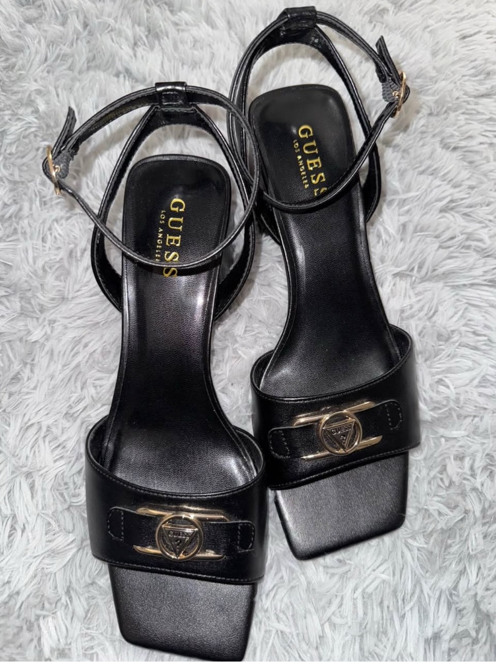 GUESS Black Leather Square-Toe Ankle-Strap Heels with Gold Logo
